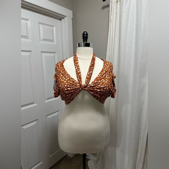 Multi-Way Tie Crop Top Rust Orange Floral NWT Plus Size - Picture 3 of 8